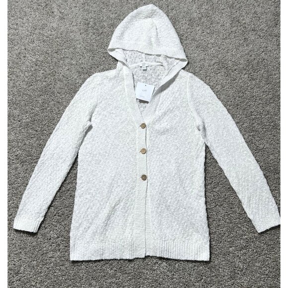 J.Jill Womens Sz S White Hooded Cardigan Sweater With Button Front & Ribbed Hem - Picture 2 of 9